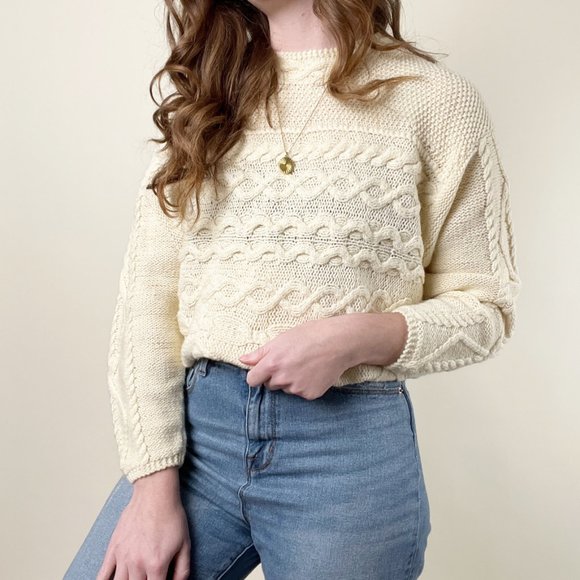 Vintage Parisian Cable Knit Oversized Sweater Chunky Cozy Slouchy Preppy Aran - Picture 7 of 7